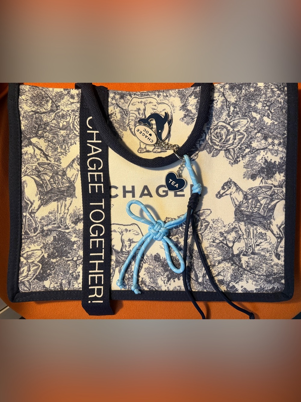 Chagee Light Blue & Navy Tote with exclusive Charms